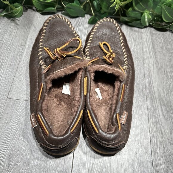 LL Bean Wicked Good Slipper Shoes Leather 11 M  Brown Shearling Lined Moccasin main image 9